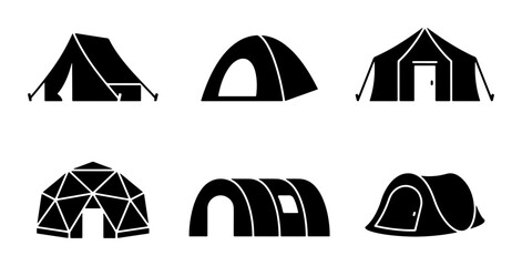 Minimalist camping tent icon set, black silhouettes, outdoor shelter vectors © Farhana