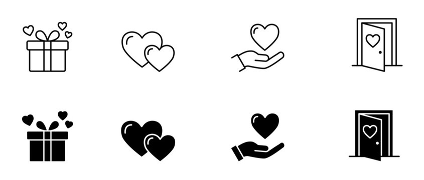 Love and romance relationship vector line and filled icon set for Valentine day and wedding celebration.