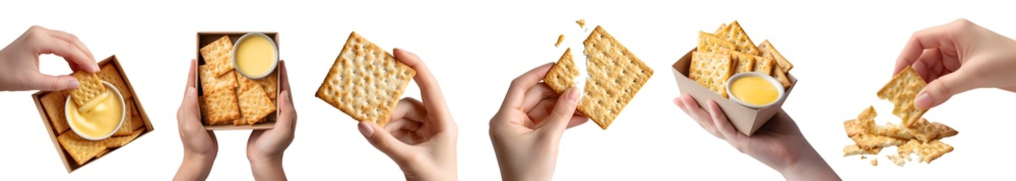 Set of hand holding square crackers biscuit, crispy flat baked thin snack staple food, takeout brown box with cheese dip, pile group stack bitten broken, transparent cutout PNG. Many style Mockup