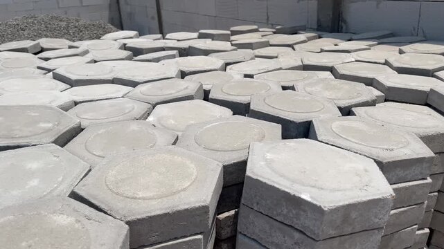 Close Up View of Hexagonal Concrete Paving Blocks Stacked on Site