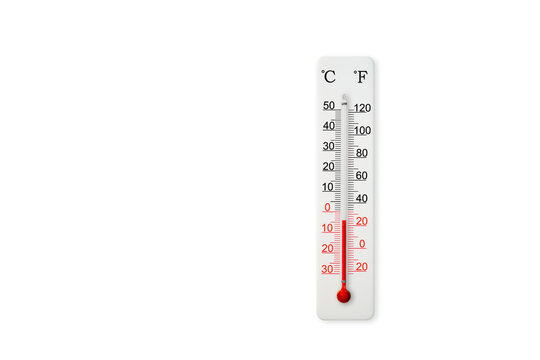 White celsius and fahrenheit scale thermometer isolated on white background. Ambient temperature minus 4 degrees celsius