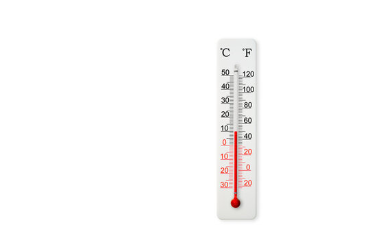 White celsius and fahrenheit scale thermometer isolated on white background. Ambient temperature plus 10 degrees celsius