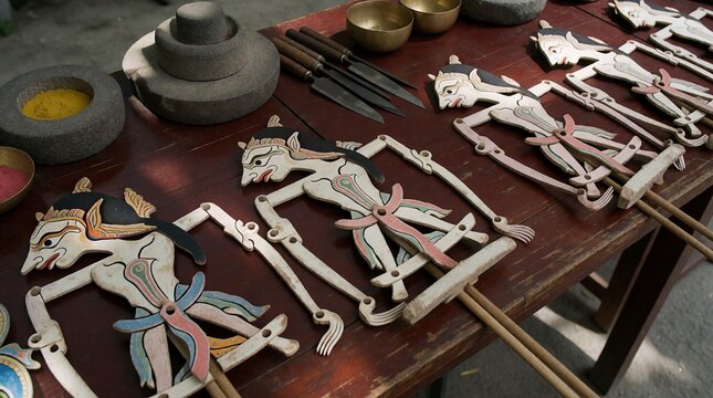 Traditional Indonesian wayang kulit shadow puppets arranged on a wooden workbench with carving tools