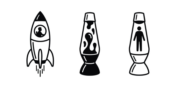 Three creative icons featuring lava lamp and rocket ship silhouettes with figures inside
