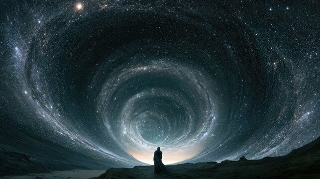Growth and Curiosity as Hooded Figure Gazes at Cosmic Vortex