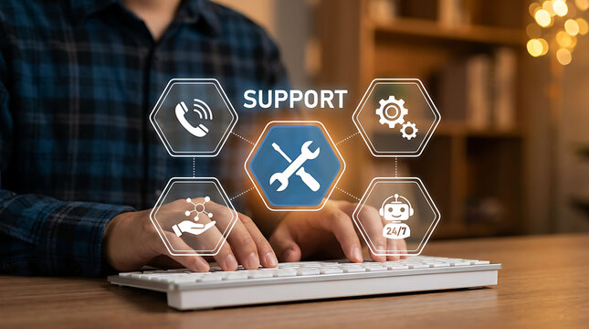 Customer service and technical support concept with digital interface on screen