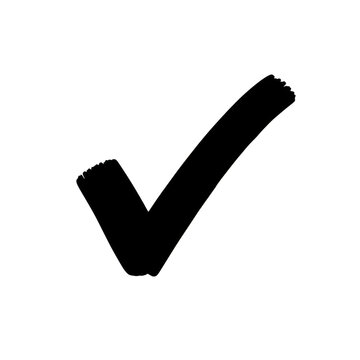 Bold black check mark symbol hand drawn with textured brush strokes, signifies confirmation or completion, isolated on gray background.