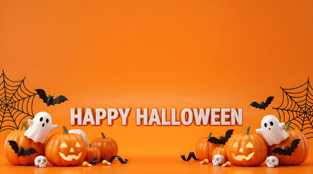 Happy Halloween 3D Banner Orange Background with Pumpkins Ghosts Bats Skulls Spider Webs Festive Seasonal Website Hero Header