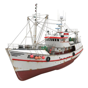 Fishing trawler boat white and red colors with nets and buoys on transparent background for commercial use.