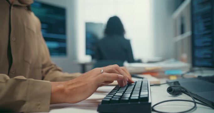 Group Adult male, female freelance typing write prompt AI bot IT app smart program nomad, video game, terminal with coding language, user interface, designer, big data center on desktop computer.