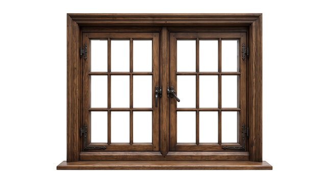 Rustic dark wood window frame with glass panes, vintage oak double casement window, traditional timber window sill for home renovation isolated PNG with Transparent Background