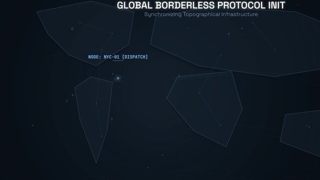 Futuristic global map HUD animation showing a secure borderless protocol connection established between NYC dispatch and Tokyo receiver nodes with cryptographic ledger sync