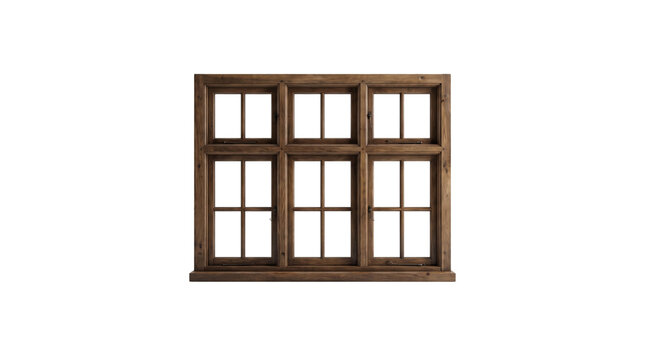 Rustic dark wood window frame with multiple glass panes, vintage timber window structure, traditional architectural wooden casement for home renovation isolated PNG with Transparent Background