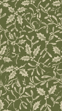 Holly and mistletoe pattern on olive background