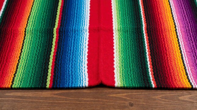 Traditional Mexican sarape blanket with vibrant colorful stripes laid on a rustic wooden surface