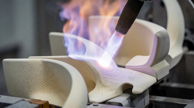 Industrial blowtorch applying heat to a ceramic component during a precision manufacturing process