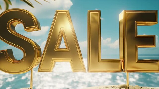 Tropical Beach and Gold &ldquo;SALE&rdquo; 3D Letters &ndash; Summer Sale Campaign Background