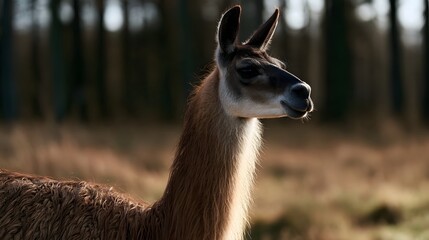 Fototapeta premium A close up of a llama standing in a sunlit field with trees in the background showing detailed fur and alert posture