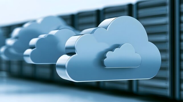 Modern cloud computing symbol floating above server racks in a data center with cool blue lighting