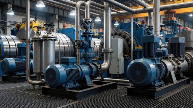 Industrial lubrication system with pumps and filters operates near big metal rollers. Blue motors and pipes are part of heavy machinery setup in factory.