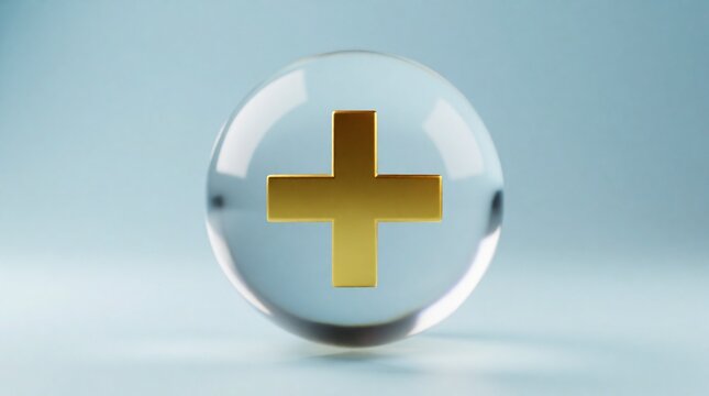 Golden plus sign symbol floating inside a transparent glass sphere against a soft blue background