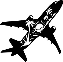 Airplane flying over tropical beach with palm trees and sun vector graphic for travel themes © ADURI
