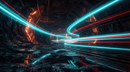 Obraz premium Stunning 3D cyberpunk tunnel with vibrant light trails perfect for futuristic web design, gaming banners, tech marketing backdrops, and immersive digital art projects.