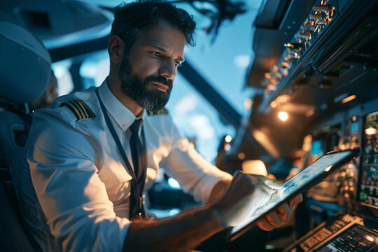 Airline pilot reviews AI weather report in cockpit