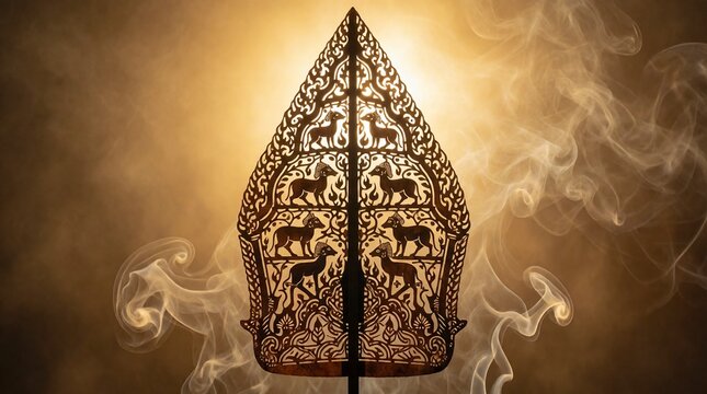 Traditional Javanese wayang kulit gunungan puppet silhouette against a warm glowing smoky background