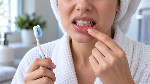 Woman with bleeding gums and sensitive teeth holding toothbrush after brushing in bathroom, close-up concept of oral health problems