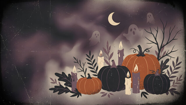 Halloween pumpkins in dark orange and black tones are arranged with glowing candles, bare tree branches, and ghostly silhouettes under a crescent moon in a vintage-style digital illustration.