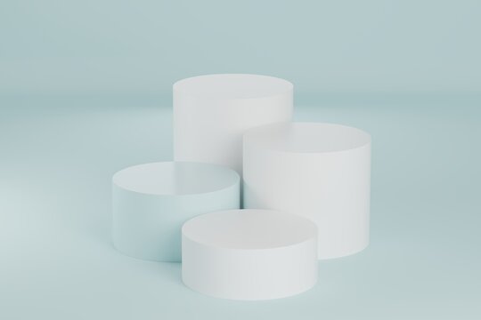 Minimalist cylinder podium display, white and pastel blue pedestal stands, modern geometric product showcase platform