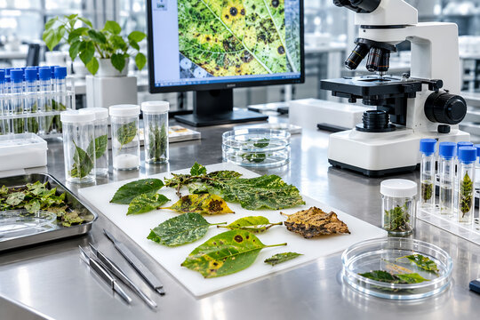 Plant Disease Research in Laboratory with Microscope and Leaf Samples