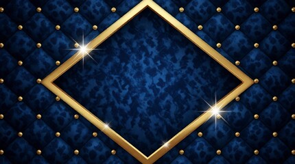 Obraz premium Dark blue velvet tufted upholstery background with a central diamond shaped gold frame