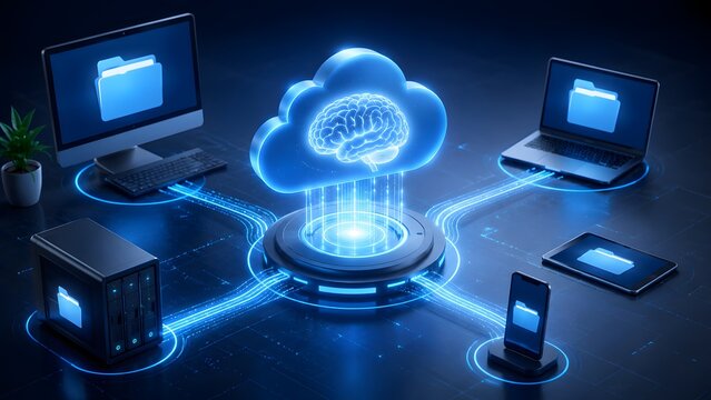 Artificial Intelligence Cloud Computing Network with Glowing Brain Inside Cloud Connecting Devices to Smart Folders