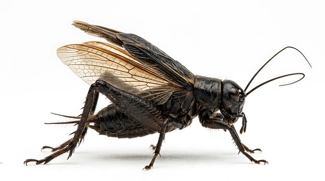 Macro closeup of a detailed black field cricket with textured wings and long antennae isolated on white background