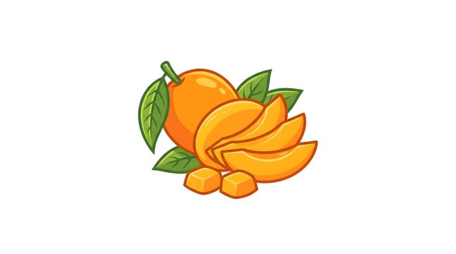 A vector illustration of a fresh whole mango fruit with green leaves, sliced pieces, and diced cubes isolated on a white background.