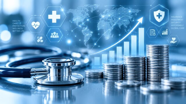 Stethoscope and stacked coins with financial growth charts and digital healthcare icons illustrating medical insurance and economy costs