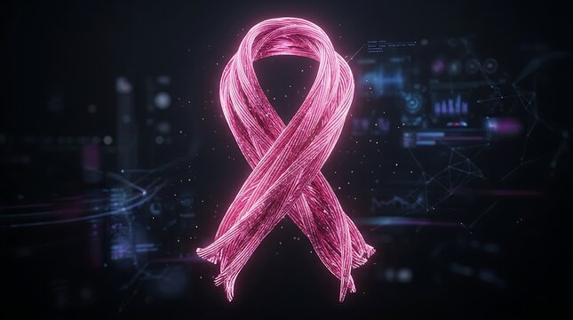 Glowing pink awareness ribbon made of digital light strands and data streams, futuristic dark tech background with faint blue code