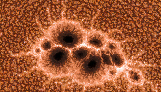 Detailed abstract visualization of a glowing sunspot cluster on the solar surface surrounded by granular plasma