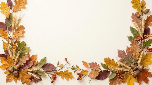 Autumn leaves frame with acorns and wheat on beige background for copy space