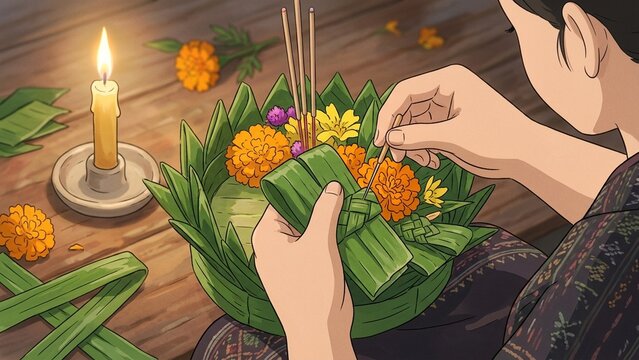 Beautiful Loy Krathong and Lai Heua Fai lantern festival in Laos, featuring glowing krathongs, sky lanterns, and traditional culture, minimalist 2D anime style illustration, created with generative AI