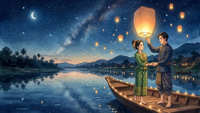 Beautiful Loy Krathong and Lai Heua Fai lantern festival in Laos, featuring glowing krathongs, sky lanterns, and traditional culture, minimalist 2D anime style illustration, created with generative AI