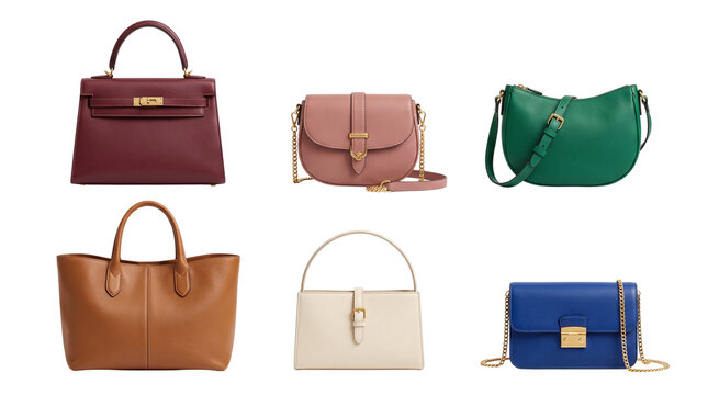 Luxury leather handbags collection, set of 6 designer fashion purses in various colors, elegant female accessories for retail and shopping