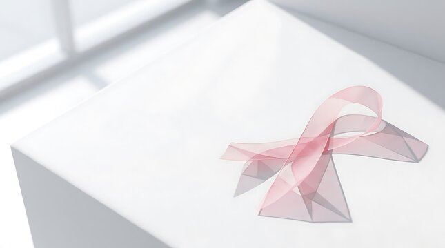 Soft pink fabric awareness ribbon lying flat on a clean white gift box, soft natural window light, minimal and elegant