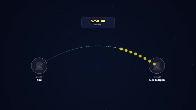 Digital money transfer animation, online banking transaction interface, electronic payment between users on dark background, fintech financial app UI