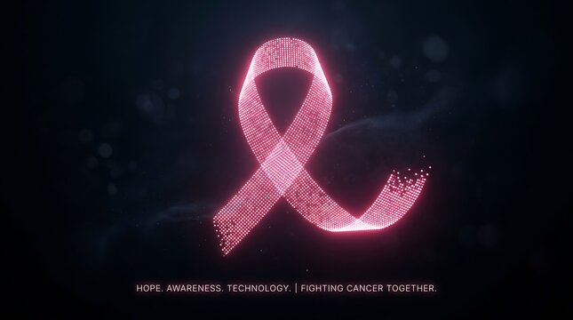 Pink awareness ribbon made of glowing digital particles and light trails on a dark background, subtle text below reading &ldquo;Hope. Awareness. Technology. Fighting Cancer Together.&rdquo;