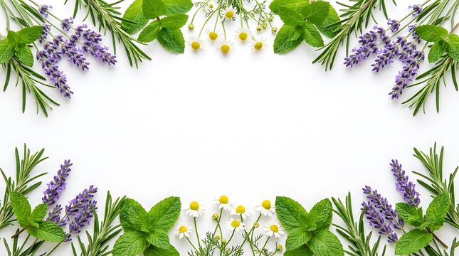 Fresh healing herbs flat lay border frame with lavender, mint, chamomile flowers and rosemary isolated on white background