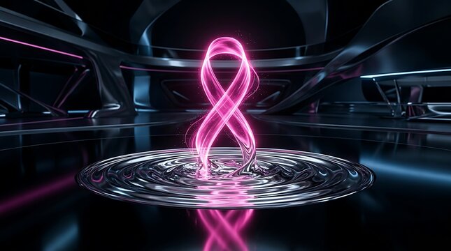 Glowing neon pink awareness ribbon floating above a dark reflective floor with circular water ripples, futuristic black background