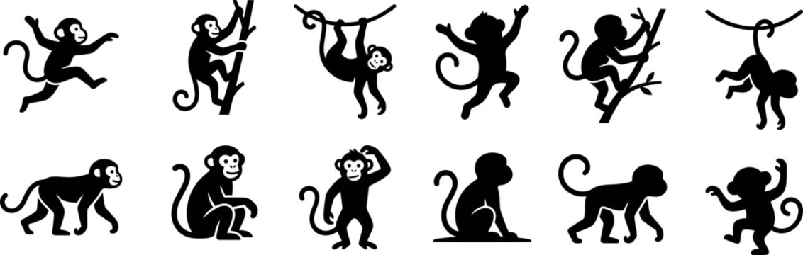 A diverse collection of monkey silhouettes shown in playful dynamic poses and various interesting positions